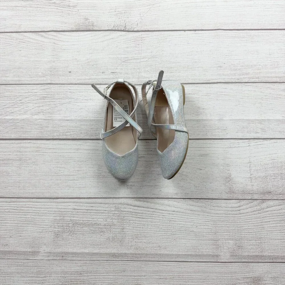 The Children’s Place Silver Glitter Mary Jane Flats Strap Dress Shoes NWT 11
